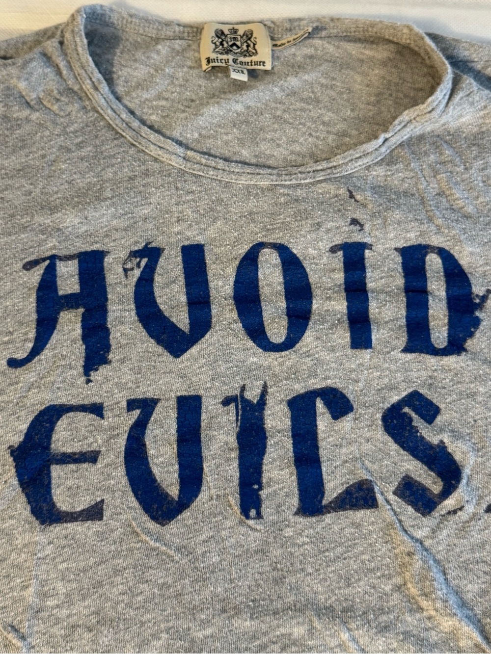 Juicy Couture Avoid Evils Graphic Tee Gray Blue  XXL Y2K